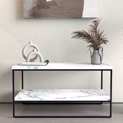  new 2 Tier White Faux Marble Print Coffee Table