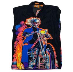 Vintage No Contest Skeleton Motorcycle Biker Button Up Shirt Mens Small 14-14.5
