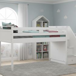 White Loft Bed With Storage & Stairs
