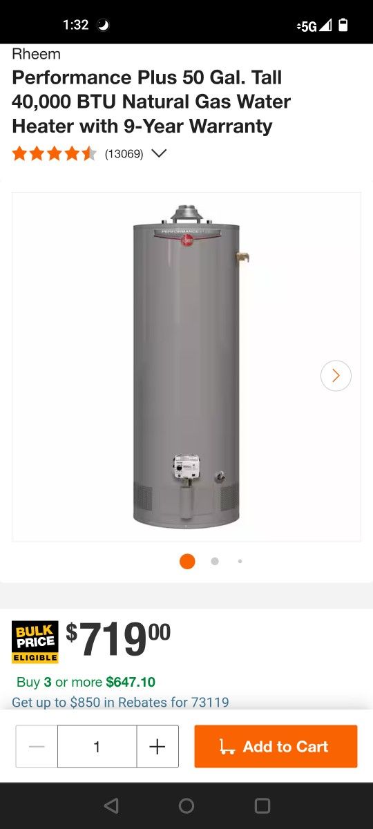 New Sealed Rheem Gas 50 Gallon Water Heater