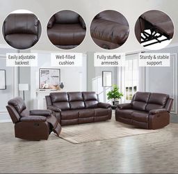 Brown Leather Reclining Sofa Set – 3 Piece