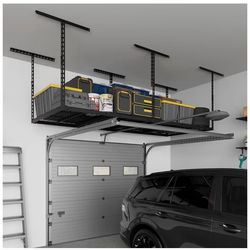 Jusgym 4X8FT Overhead Garage Storage Rack, 26"-40" Height Adjustable Garage Ceiling Storage Racks, Heavy Duty Metal Overhead Storage Organizer System,