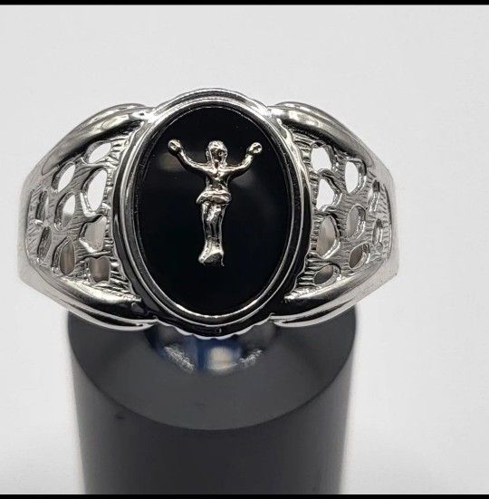 Classic Mens Ring 925 Silver W/ Black Onix And Jesus On...