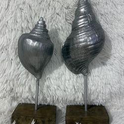 Silver Shell Sculptures on Wooden Bases - Set of 2 for $40