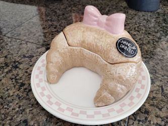 Croissant with Bow on Plate Porcelain Trinket Dish