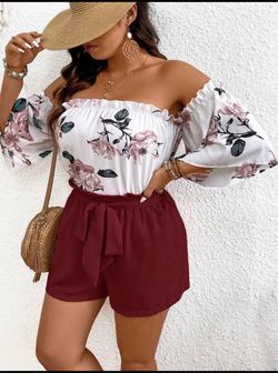 Floral Off-Shoulder 2 Piece in White & Maroon