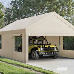 10x20ft Carport, Reinforced Steel Poles with Removable Sidewalls and Doors, Roll-Up Windows