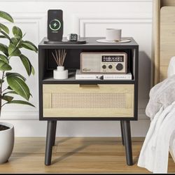 Rattan Nightstand With Drawer Boho Mid Century Modern 22 Inch Tall Black Color