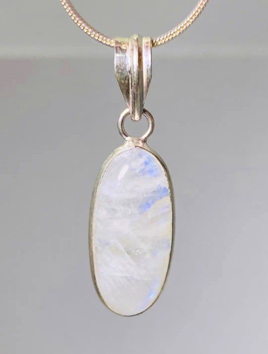 Natural Fiery Rainbow Moonstone & .925 Stamped Sterling Silver Necklace NEW!