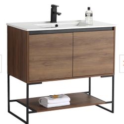 Urbania 36 in. W x 18.5 in. D x 33.5 in. H Bath Vanity in Walnut with White Ceramic Vanity Top with White Basin