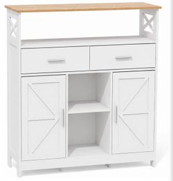 White Coffee Bar Cabinet with Wood Top