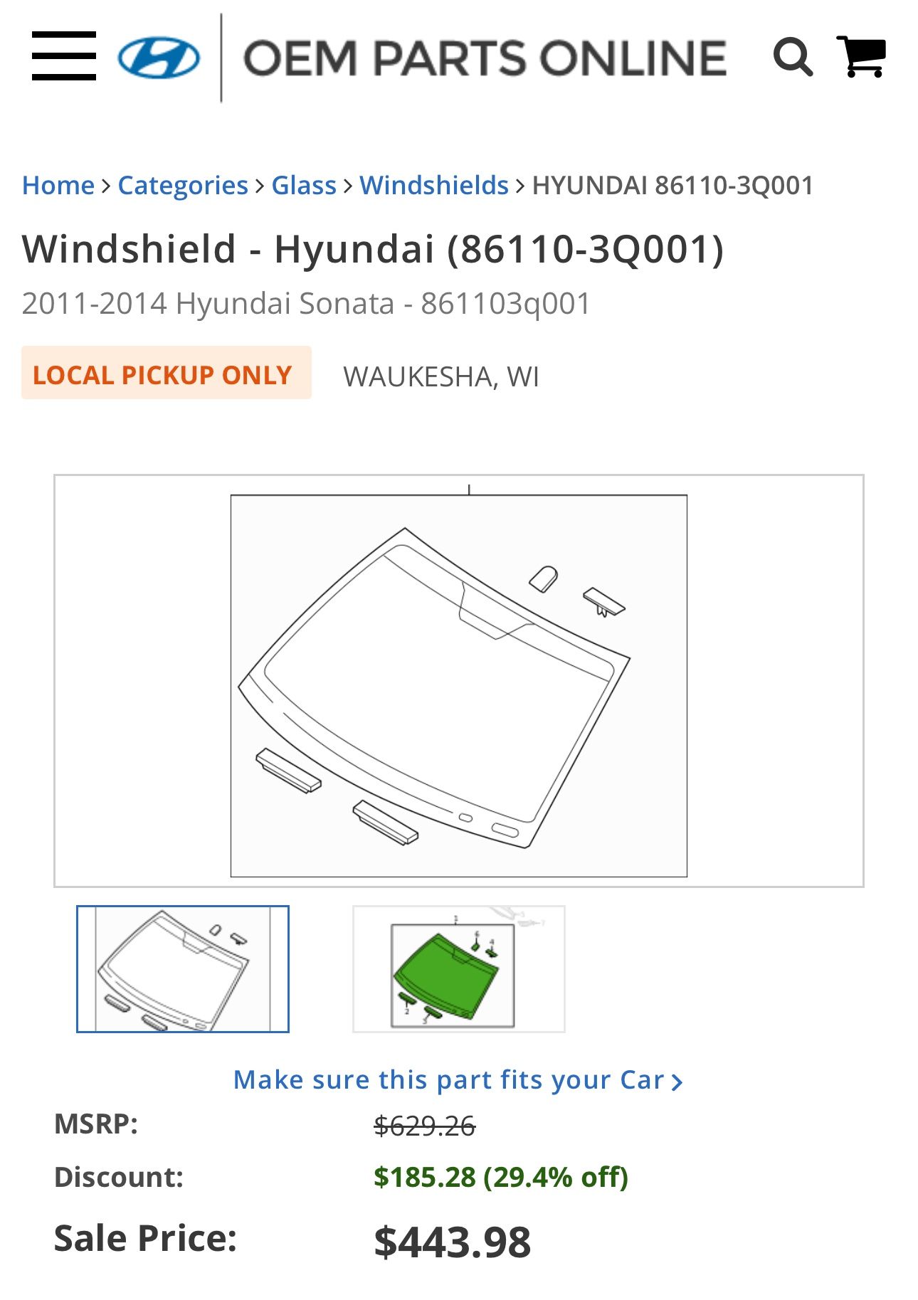 Windshield - Hyundai (86110-3Q001) 2011-2014 Hyundai Sonata - 861103q001 New OEM