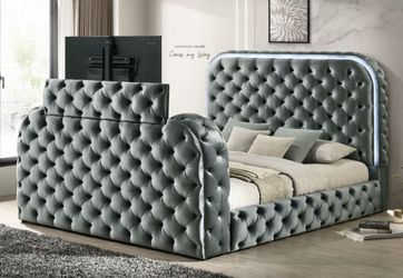 Brand New Grey Queen Bed w LED Fireplace + TV Stand Lift (Available in Eastern King)