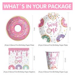 Donut Sweet One Birthday Party Decorations Tableware For Girls First - Pink Donut 1st Birthday Party Supplies, Plate, Cup, Napkin, Cutlery