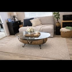 Unique Boat-Shaped Glass Coffee Table (Wood Base)