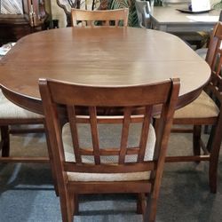 Brand New Brown Counter High Oval Dining Table With 18" Leaf + 4 Brown Linen Chairs 