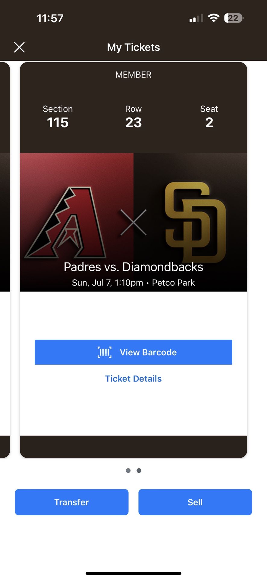 July 7th Two tickets for Padres Vs. Dbacks