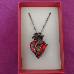 Beautiful Red Glass Heart With Rose Pendant Necklace