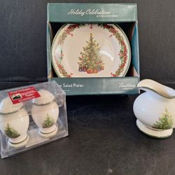 Brand New Vintage Holiday Celebrations Set By Christopher Radko- Salad Plates Salt & Pepper Creamer