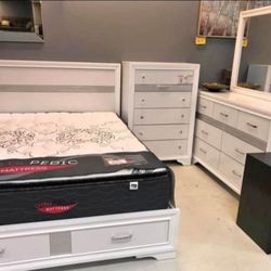 White Bedroom Set 4 Pcs White Set Bed New.