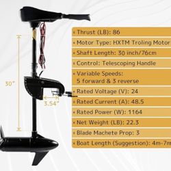 86 LBS Thrust Trolling Motor, 24V Transom Mounted Fresh & Saltwater Electric