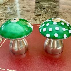 Solid Silver Sterling Silver Mushrooms Green Enamel Salt & Pepper Shakers 77g