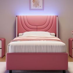 Twin Size Bed Frame with LED Lights and Silver Wingback Headboard,Pink