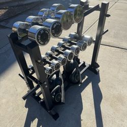 Dumbbells With 3 Tier Dumbbell Rack And Kettlebells