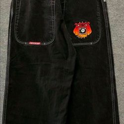 JNCO Jeans Pants 34 X 30 Black Eight Ball Bull Dog Embroidered 90s