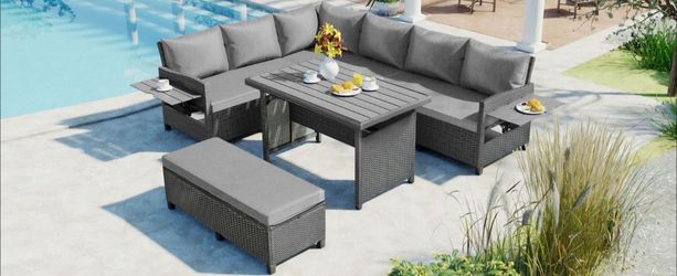 TOMAX 5- Piece Outdoor Patio Rattan Sofa Set, Sectional PE Wicker L-shaped Garden Furniture Set with 2 Extendable Side Tables, Dining Table and Washab
