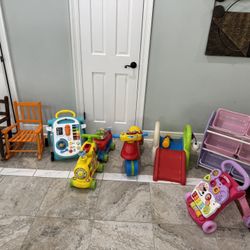 Alls early learning item has sounds- Bike  Train  Holder walkers $15 each one Bookshelf $15 The wood rocker chairs $25 Each one