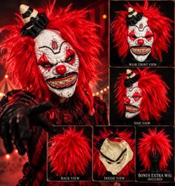 Creepy Horror Clown Mask w/ Red Hair + Bonus Extra Red Wig Halloween Costume