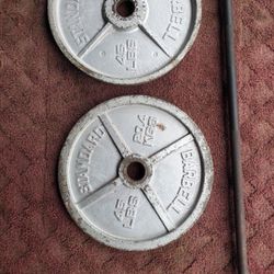 2" HOLE OLYMPIC PLATES AND 7' BAR 
SET OF 45s PLATES  BLK BAR WITH CLIPS  AND EZ-CURL BAR 
7111.S WESTERN WALGREENS 
$120. CASH ONLY AS IS