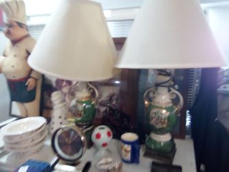 Pair of Porcelain Green and Gold Table Lamps