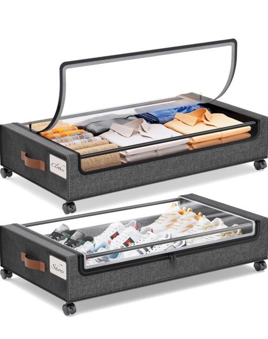 Yecaye Under Bed Storage with Wheels, 2Pack Under Bed Storage Containers, Under Bed Shoe Storage Organizer, Rolling Under Bed Metal Drawer for Clothes