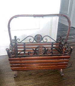 Vintage Wood and Wrought Iron Magazine Rack
