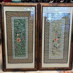 Pair Of Chinese Hand Made Silk Pictures With Frame 