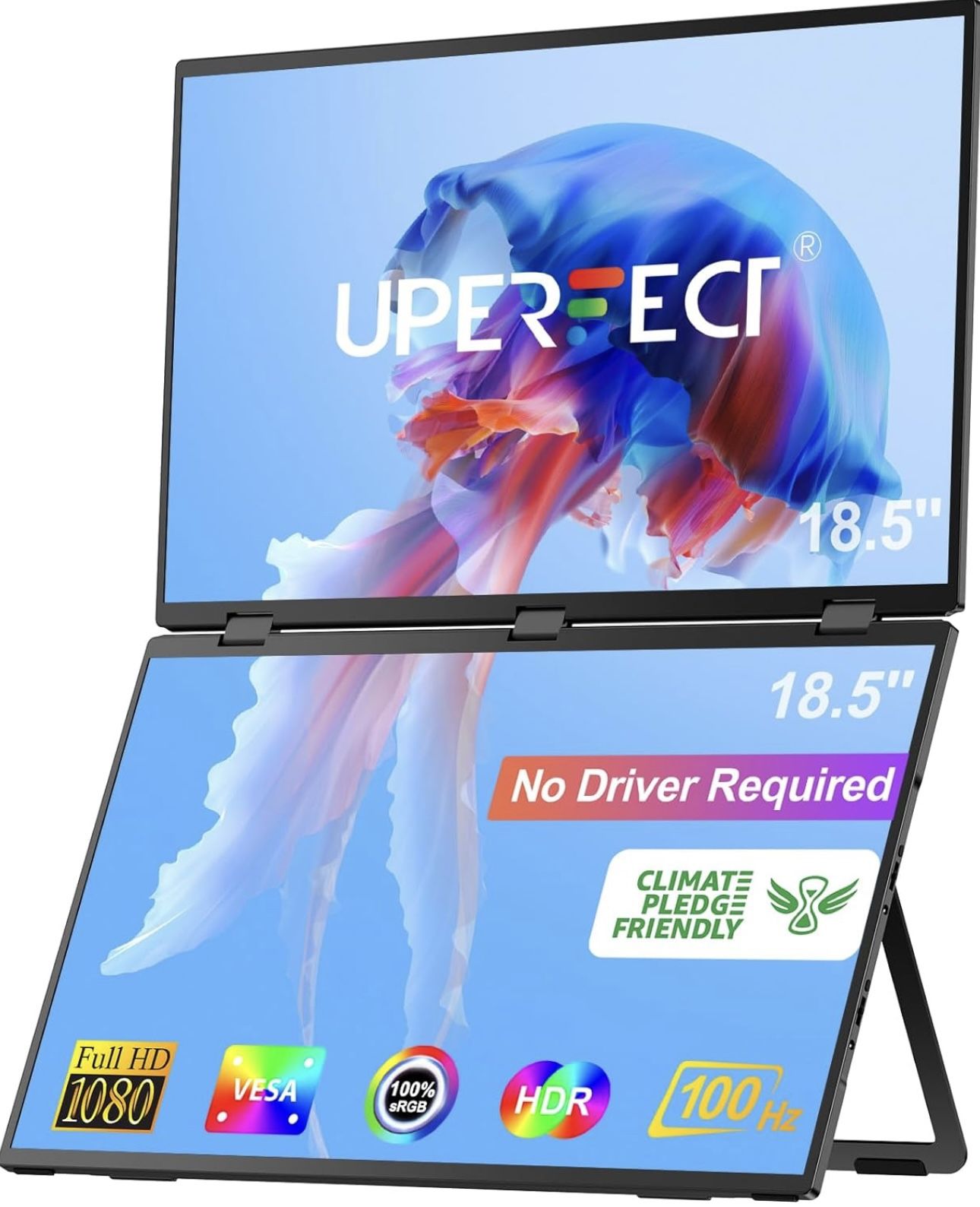 Delta 15.6" Dual Monitor Portable Monitor for Laptop Screen Extender 1080P HDR 360° Folding Stacked Triple Monitor with Stand & VESA for Lapt