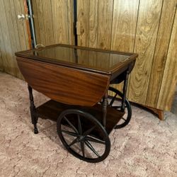 Antique Wood Tea Cart / Bar Cart with Drop Leaves & Glass Top