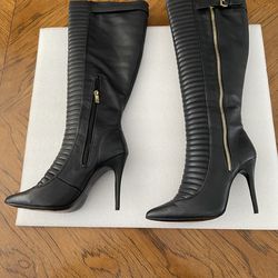 LFL Eccentrik Faux Leather Knee-High Stiletto Boots - Black with Gold Hardware - Size 9