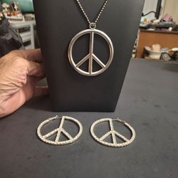 Peace Sign Necklace and Earring Set W/2.75" Silvertone Pendant On 35" Ball Chain & 2.5" Large Hoop Earrings W/Pave' Rhinestones-Excellent Condition