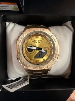 Activa Men's Dual Time Gold Analog Digital Watch Water-Resistant Box
