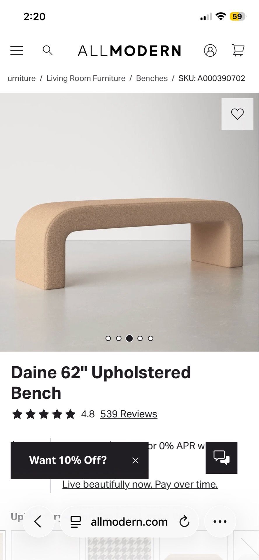 Daine 62” Upholstered Bouchle Bench - Brand New
