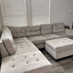 Beige Sectional Sofa with Ottoman – Great Condition