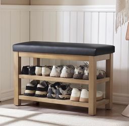 Shoe Rack Bench with Leather Cushion, 2 Tier Solid Wood Storage Bench (Black, 31.5)