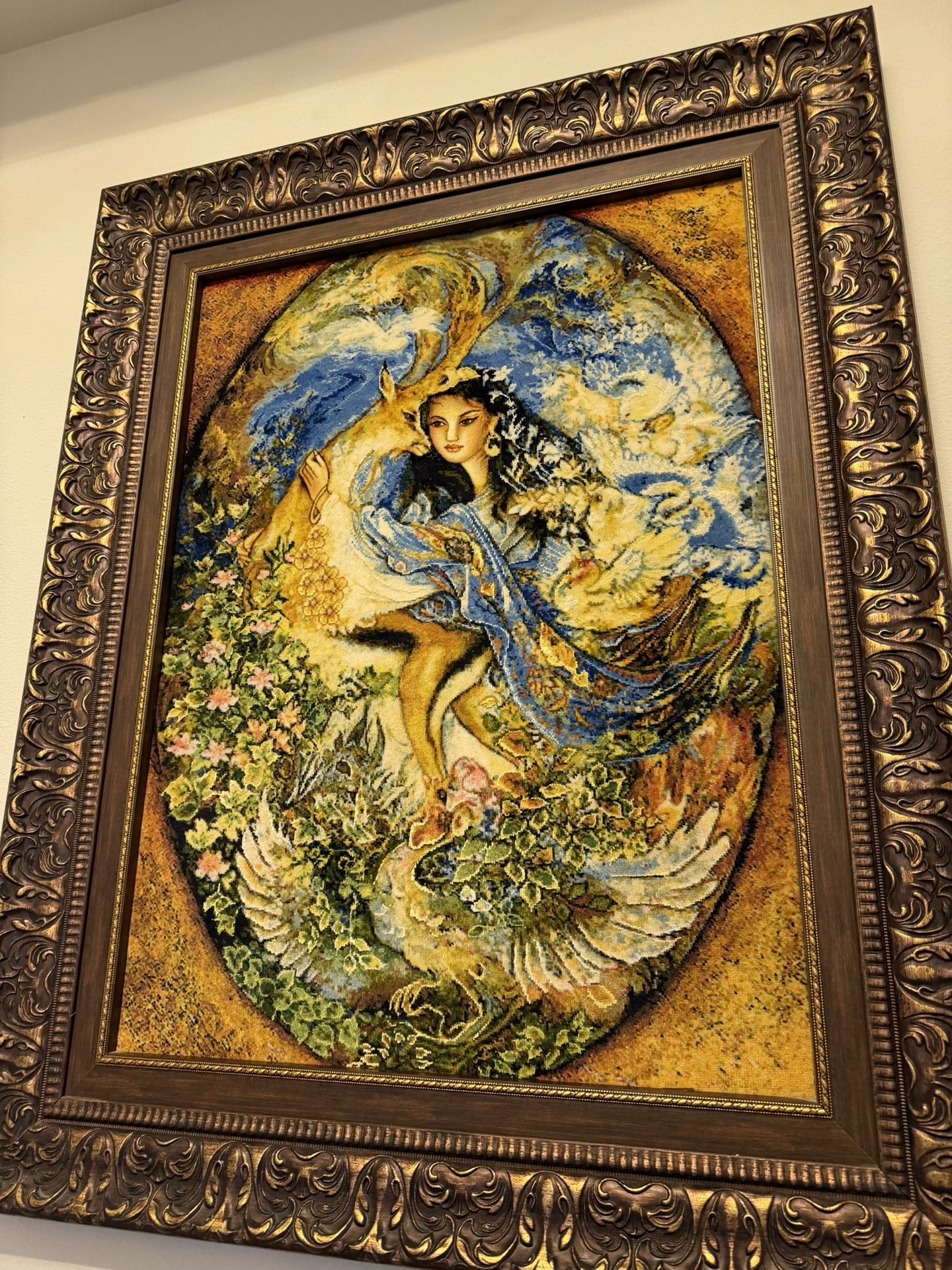 Persian handmade wall silk rug with frame