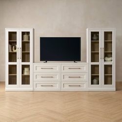 PD2007+PD2005 Blake 4 Piece Entertainment Center with Storage, Modern Farmhouse Wall Unit Dresser TV Stand with Tall Display Cabinets for up to 65" TV