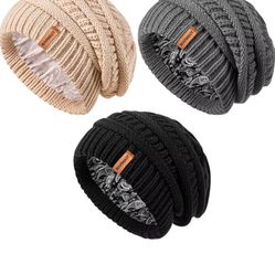 3 Pack Satin Lined Winter Beanie Hats,Silk Lined Soft Cable Knit Chunky Slouchy Beanie for Women Men