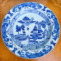 Antique Chinese Export Blue & White Porcelain Landscape Charger Plate 13” Dia.