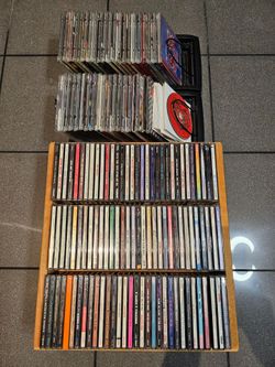 Large Lot of Music CDs with Wooden Rack